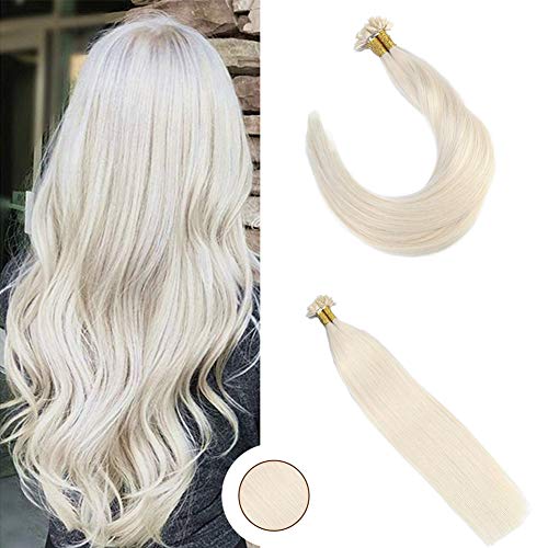 Ugeat 24" Fusion Pre Bonded Tip Hair Extensions Lightest Blonde Color #60 1g/ Strand 50 Strands Real Human Hair Extensions 100 Real Human Hair Flat Tip Extensions