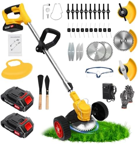 24V Electric Weed Wacker Cordless Grass Trimmer with 2x2000mAh Batteries & Fast Charger, 3 in 1 Stringless Lightweight Brush Cutter/Edger/Mower with 3 Types Blade & Wheels for Garden and Yard Lawn