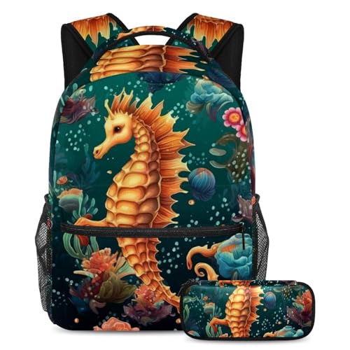 Sac à dos hippocampe imprimé Art Ocean grand volume avec trousse scolaire assortie