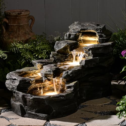 37" L Garden Outdoor Water Fountain, Floor Standing 5-Tiers Rock Natural Waterfall Outdoor Fountains with LED Lights for Patio, Porch, Home Art Decor