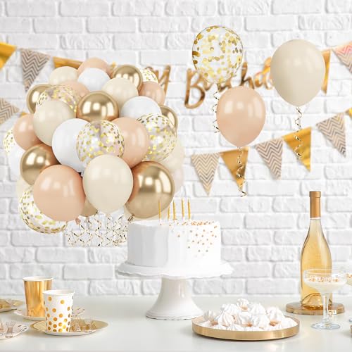 Image of Zesliwy Gold White Sand Confetti Balloons, 50pcs 12 inch Beige Gold Nude Neutral Balloons for Birthday Wedding Bride Shower Party Decoration