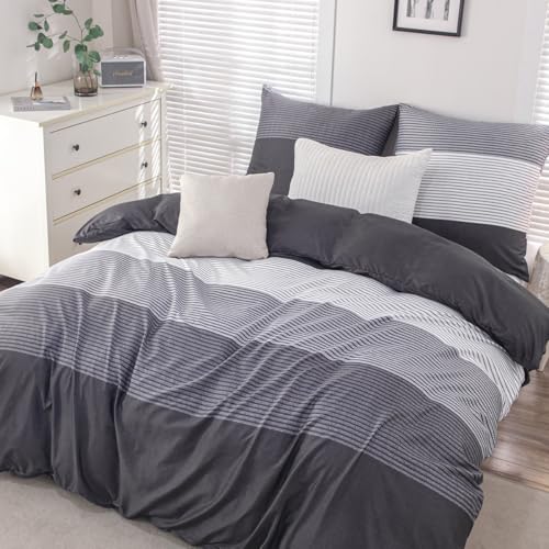 Nesture Bettwäsche 135x200 Anthrazit, Bettwäsche-Sets mit Gestreift Muster Microfaser Bettbezug 135 x 200cm 2 Teilig bügelfrei & weich - 1...
