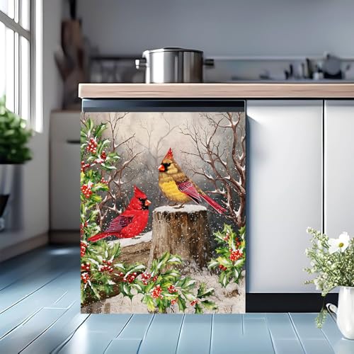 Image of Christmas Cardinals Dishwasher Magnet Cover, 23x26In Winter Birds Dishwasher Magnet Sticker for Holiday Decoration Funny Dish Washer Magnetic Cover Kitchen Fridge Panel Decal