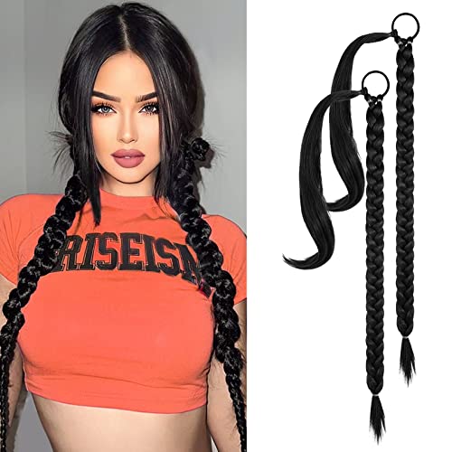 YOGFIT 2PCS DIY Braid Ponytail Extension, Long Straight Wrap Around Ponytail Hair Extensions Natural Soft Synthetic Hairpieces for Women Daily Wear