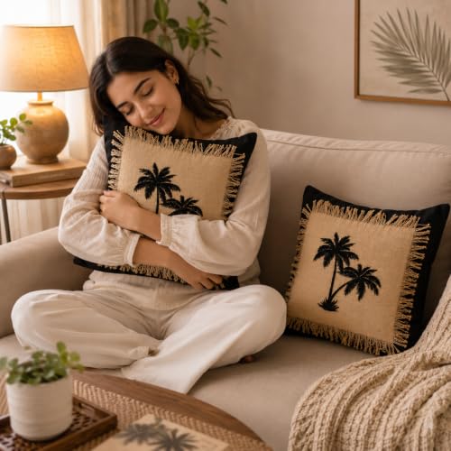 Image of Pink Meadow Bloom Embroidered & Midnight Palms Fringed Cushion Cover | Hidden Zipper | Pack of 1 (Midnight Palm)