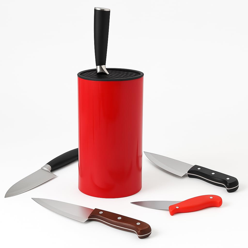 Space Saving Knife Storage Block | Free Standing Kitchen Counter Work Top Knife Holder | Cylinder Slot Design | Stylish Practical | Red | Kitchen Utensil Organiser | Sturdy and Durable