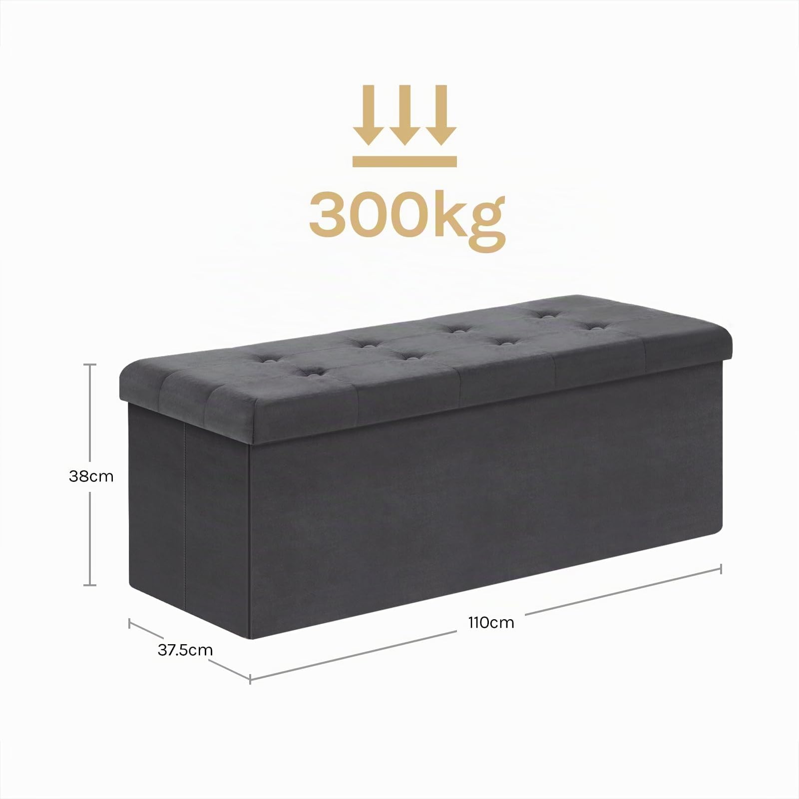 WOLTU Banc de Rangement Pliable, Pouf Tabouret Rembourré de Grande Capacité de 118L, Charger 300KG, 110x37,5x38cm, Gris