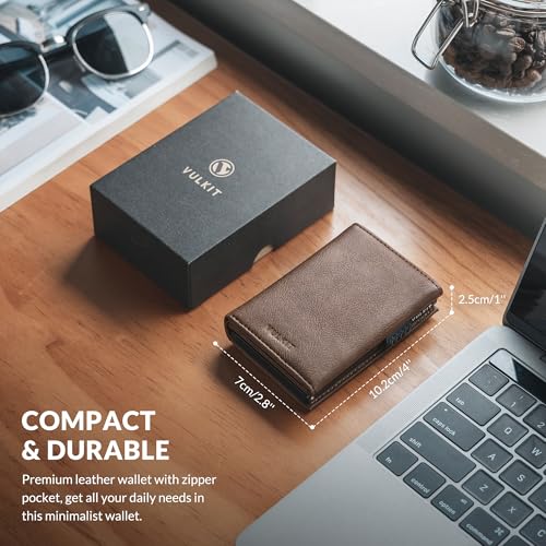 Image of VULKIT Card Holder Wallet with Coin Pocket Magnetic Closure Pop Up Cards With ID Window Leather Wallet for Cash & Credit Cards, Grain Espresso