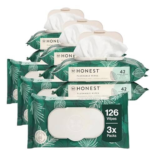 Image of The Honest Company Hypoallergenic Flushable Wipes for Sensitive Skin, Tropical Leaves, 126 Count (Pack of 3)
