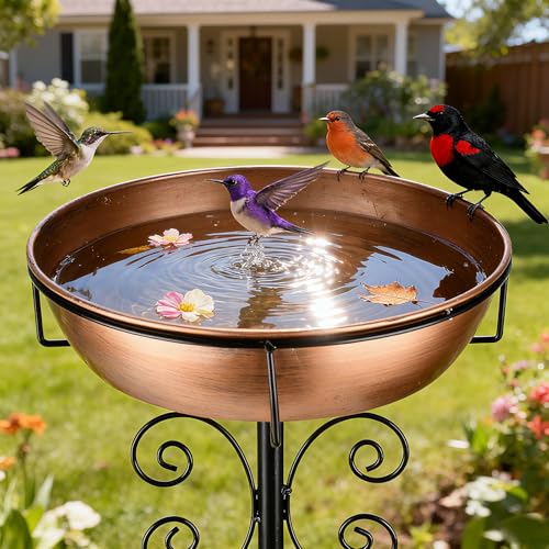 inanil 3' Deep 43' Tall Metal Bird Bath for Outdoors, 12' Dia Removable Bird Baths Water Bowl for Outside, Vintage Standing Birdbaths with Stable Stake for Garden Yard Lawn Decor 1.4 Gallon