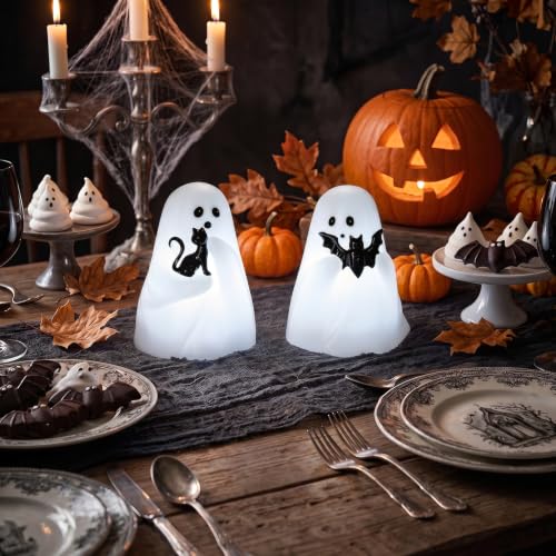 Image of Halloween Ghost Flameless Real Wax Candles Battery Operated with Timer | White, 3D Wick Flickering, 6H Timer, LED Light, Bat & Cat Ghost Halloween Decor & Gift, 3.3 inch x 4.3 inch, 2 pack