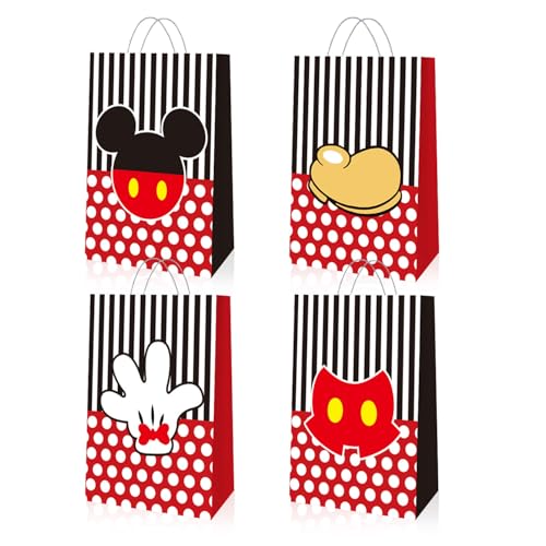EBWHOLE 12 Pcs Cute Mouse Party Favor Bags, Cartoon Birthday Party Supplies Including 4 Patterns Double Sided Printed Candy Goodie Treat Bags with Handl (B)