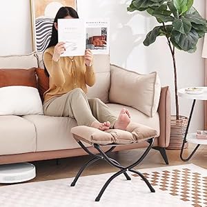 Lita folding upholstered footrest stool modern small portable accent ottoman with detachable thick cotton cushion padded sofa stool with metal frame for lazy chair living room bedroom khaki  urban country home decor