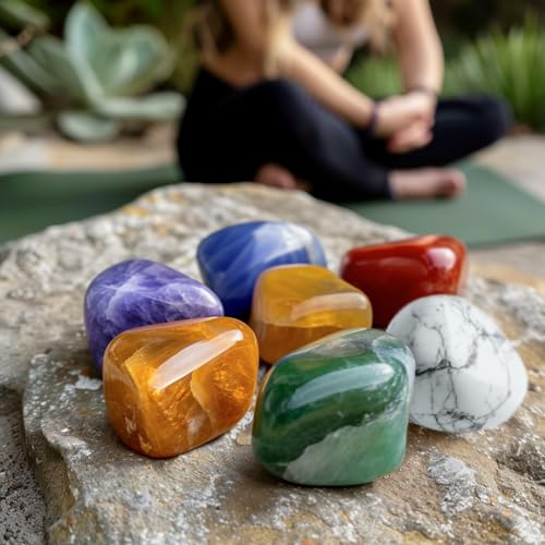 Image of Polished 7 Pcs Chakra Healing Stone Rocks Set - 0.8 inch Natural Tumbled Gemstones, Large Palm-Sized Pocket Stones, Crystal Collection for Reiki, Meditation, Crafts and Home Decor
