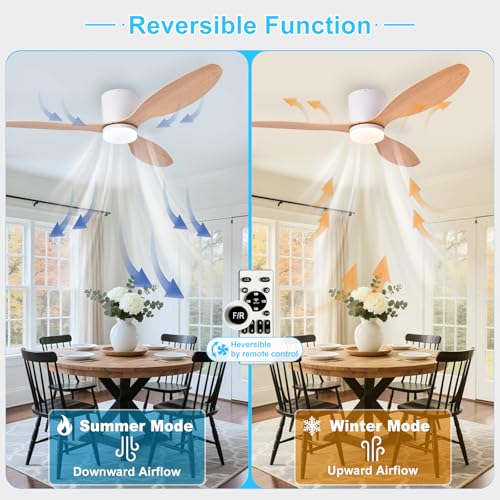 Image of Depuley Flush Mount Ceiling Fan: 52-Inch White Ceiling Fans with Lights for Bedroom Indoor Outdoor - Low Profile Ceiling Fans with Remote Control 24W 3CCT Dimmable 3 Reversible Wood Blades 6 Speeds