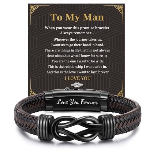 Men's Bracelets Gifts for Men - Brown Braided Leather Infinity Knot Bracelets Engraved Love Massage for Son Man Husband Boyfriend, Personalized Mens Bracelets Jewelry Gift for Birthday Christmas