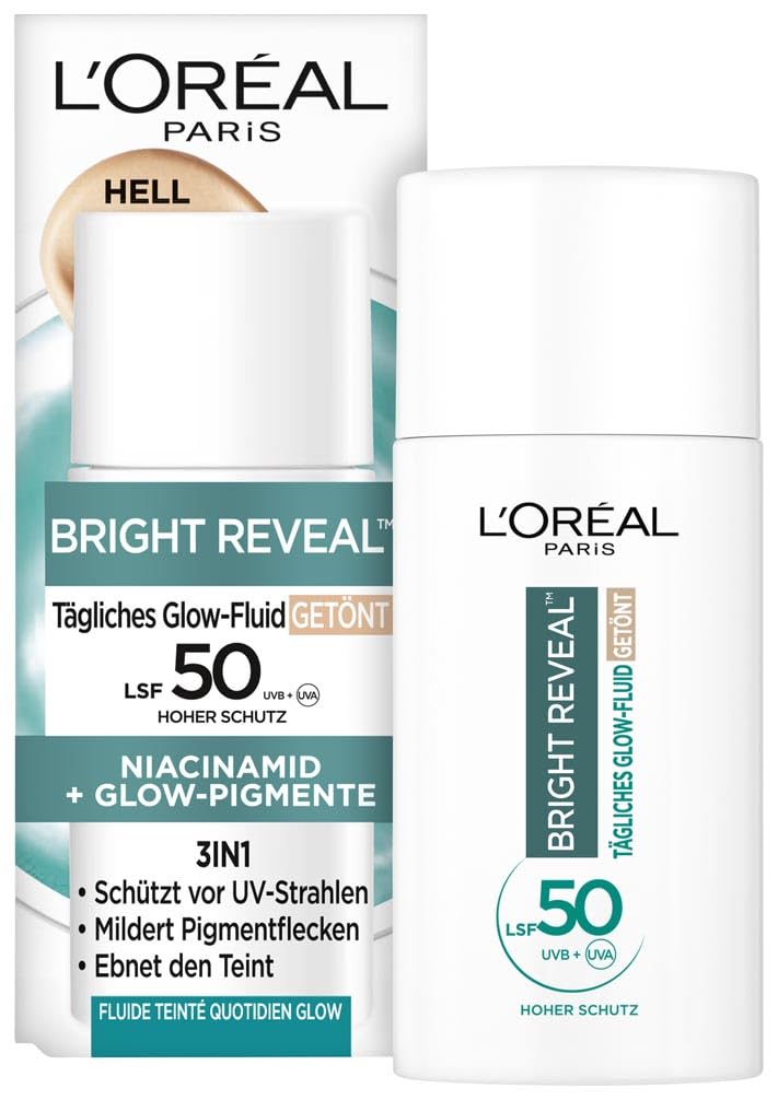 L'Oréal Tägliches Getöntes UV Glow-Fluid LSF 50, Niacinamid + Glow-Pigmente, Farbe: Hell, Bright Reveal, 1 x 50 ml