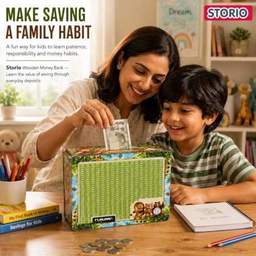 Image of Storio Wooden Money Bank with Lock, 1 Lakh Savings Goal Tracker