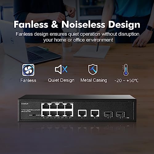 Image of 12 Port Gigabit PoE Switch, 8 Ggiabit PoE+, 2 GE Uplink, 2 Gigabit SFP Slot, IEEE802.3af /at Max 120W, Fanless Unmanaged Plug&Play Desktop Rackmount YuLinca Ethernet Switch