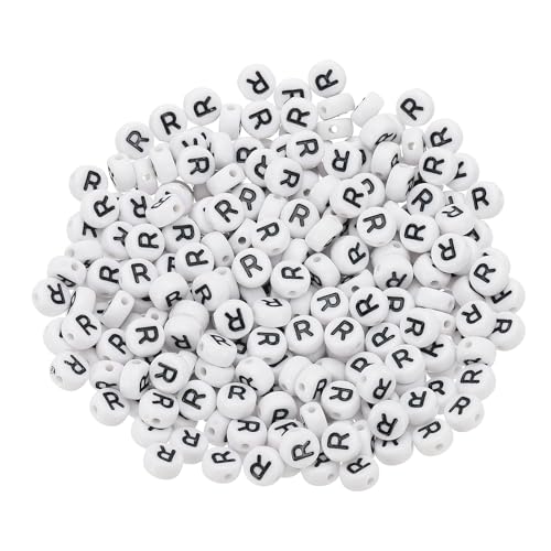 PATIKIL Cuentas Redondas Con Letras, 300 Pcs Letra R Cuentas De Alfabeto De Acrílico Blancas Con Letras Negras Para Hacer Joyas, Pulseras, Collares DIY, Negro