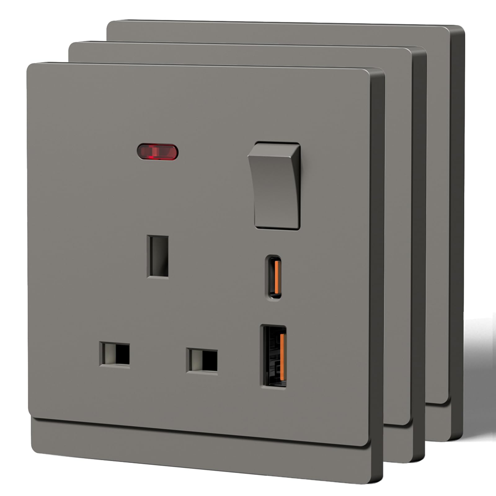 BSEED Single Socket with 20W USB C Fast Charging,Tactile Finish Switched Wall Sockets,13A Electric Power Outlet,Individual Control & LED Indicator,Designer Wall Plate,Single(20W)-3 Pack,86mm Grey