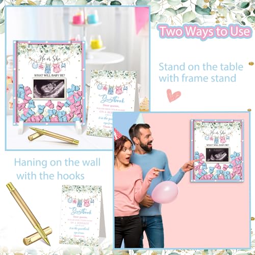 Image of Beeveer 65 Pcs Gender Reveal Baby Shower Guest Book Alternatives Greenery He or She Gender Reveal Decorations Sign in Guest Book with Picture Frame and 60 Wooden Chip for Boy or Girl Party Keepsake