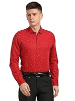 Turtle Men Cotton Linen Red Printed Slim Fit Full Sleeve Formal Shirt