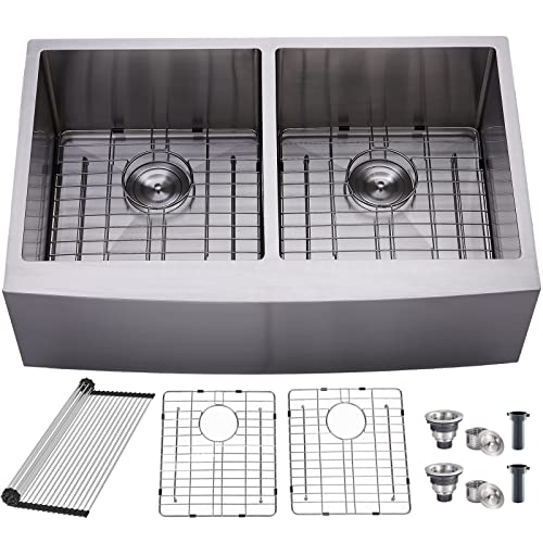 Image of SHACO 33 Inch Stainless Steel Farmhouse Sink, 50 /50 Double Bowl Apron Front Farm Sink for Kitchen, Brushed Nickel