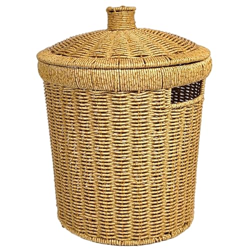 NIDONE Poubelle ronde en rotin de 9, 5x12, 6 pouces, en osier, avec couvercle et poignée, pour chambre à coucher, dortoir, bureau, buanderie