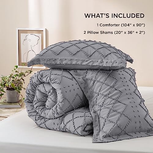 Image of Bedsure King Comforter Set - Grey Comforter, Boho Tufted Distressed Vintage Bedding for Kids, 3 Pieces Farmhouse-Style Bed Set for All Seasons, Fluffy Soft Bedding with 2 Pillow Shams