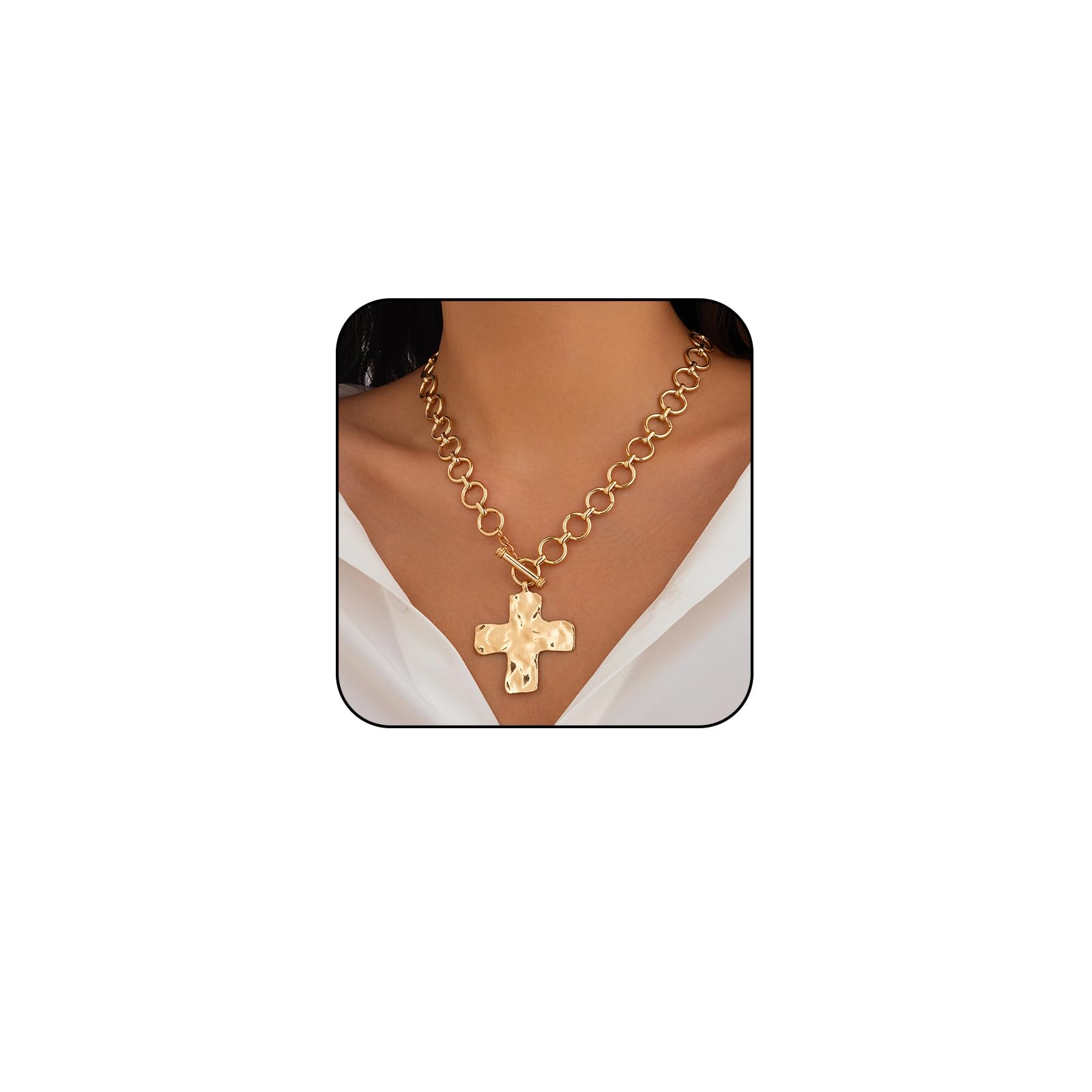 AtiptuGold Chunky Cross Necklace for Women Statement Cross Pendant Necklace Layered Hammered Bold Cross Necklace Vintage Toggle Clasp Necklace Jewelry
