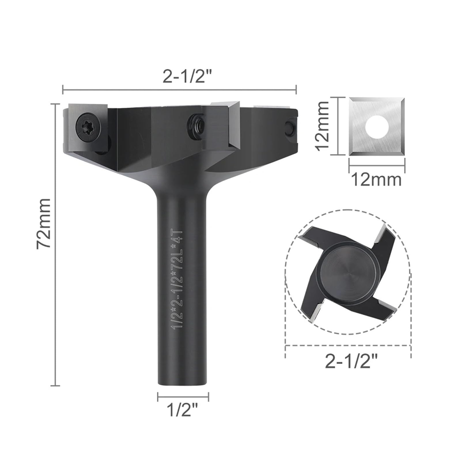 1PC Wkładka do strugarki do drewna Frez węglikowy 1/2 Trzpień 2 1/2 Średnica cięcia Frez do strugania CNC Spoilboard