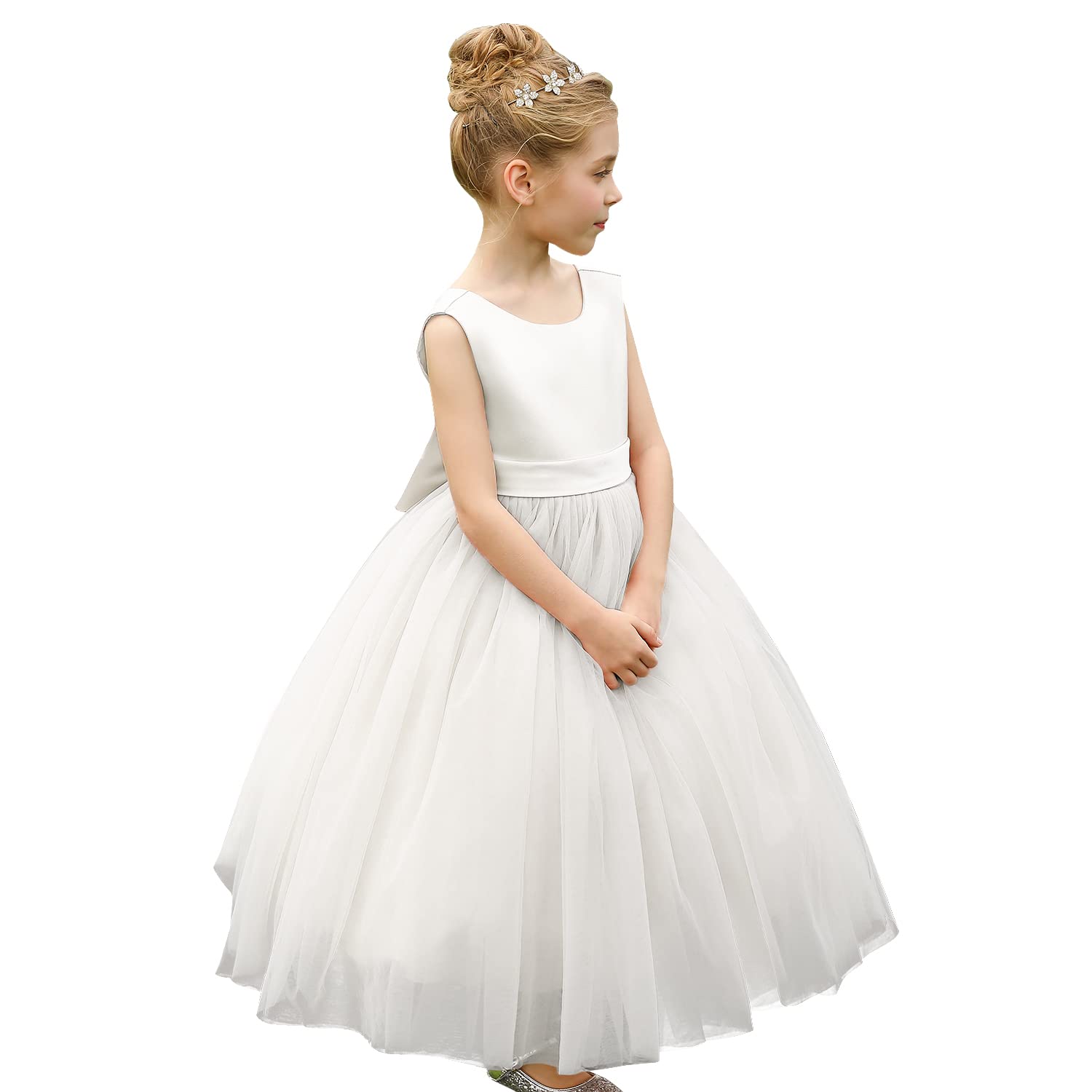 Aibaowedding Abito da ragazza di fiore in raso di tulle principessa corteo fiore ragazza vestito per il matrimonio bambini abiti da ballo con fiocco