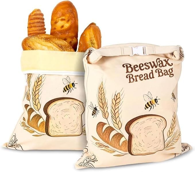 Bienenwachs-Brotbeutel, wiederverwendbar, Bio-Baumwolle, Aufbewahrung mit Roll-Top-Siegel, hält hausgemachten Sauerteig frisch, praktischer Küchen-Organizer, 2 Stück