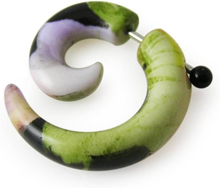 Purple and Green Flowers Pattern Spiral UV Acrylic with 16 Gauge 316L Surgical Steel Fake Ear plug - Fauxs Plug - Gauge Earring Body Piercing Jewelry