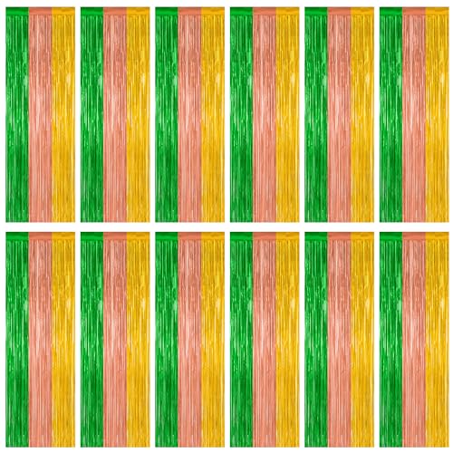 12 Pack Hawaiian Party Decorations, 3.28 FT x 7.05 FT Luau Party Decorations, Green Brown Yellow Luau Backdrop Fringe Curtains Foil Streamer, Metallic Summer Decor Luau Party Supplies