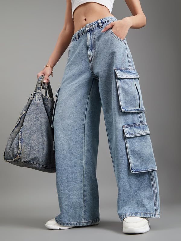 Image of GO COLORS Mostlysane Collection Denim Cargo Pant for Women | Breathable, Mid Rise, 8 Pockets