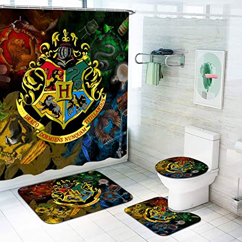 SMNVCKJ 4-teiliges Harry Poter Hogwarts Wasserdichtes Duschvorhang-Sets, Mit Fußmatten-Badunterlage, Toilettenunterlage 12 Haken (6,180×200)