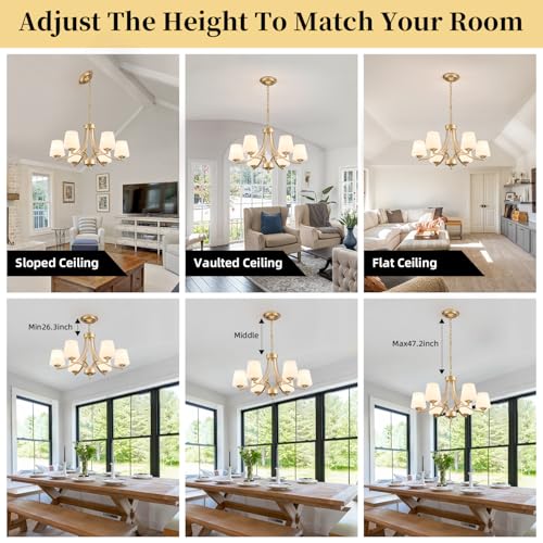 Image of 6-Light Modern Gold Chandeliers for Dining Room 47.2'' Adjustable Height Farmhouse Pendant Light with Frosted Glass Shades,Gold Round Chandeliers Hanging Lamp for Kitchen Island Dining Table Entryway