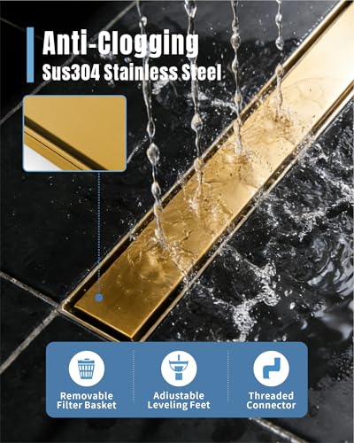 Image of 12 Inch Brushed Gold Linear Shower Drain | CUPC Certified 2-in-1 Tile Insert for Curbless Showers. 304 Steel, 15.8GPM Flow. Includes Hair Catcher & Adjustable Feet.