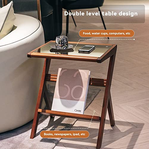 Tzk Side Table Z Shape End Table With Tempered Glass Top, Solid Wood Modern Simplistic Style Coffee Table For Sofa Couch,Living Room,Bedroom(Walnut) #TOP1