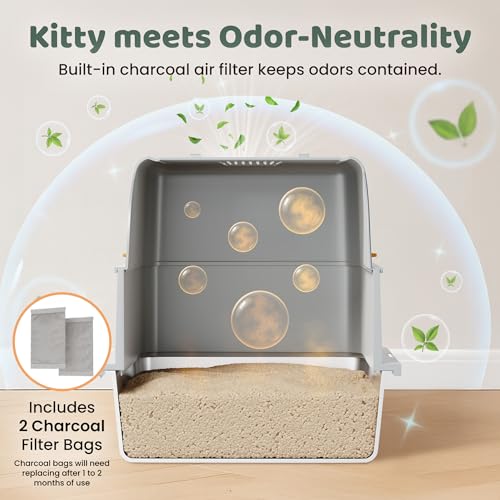 Image of Stainless Steel Litter Box with Lid - XL Enclosed Litter Box for Cats with Collecting Mat - 4 Way Setup Fully Closed, Semi Low, High & Open Kitty Boxes, Leak Proof Metal LitterBox (Light Gray)