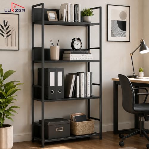 Image of Lukzer 4-Tier Multipurpose Kitchen Organizer Rack (MMR-001 /Black & Black) Metal Frame with Engineered Wood Storage Rack, Bookshelf Stand for Living Room, Bedroom & Office (112 x 58.5 x 23.5 cm)