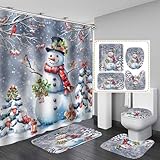 OLEBETY 4PCS Christmas Snowman Shower Curtain Sets with Rugs, Waterproof Fabric Shower Curtain, Winter Xmas Tree Cardinal Birds Squirrel Red Berry Green Holly Holiday New Year Christmas Bathroom Decor