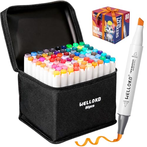 Image of WELLOKB Alcohol Markers, 80 Colors, Dual Tip, Permanent Art Markers with Case for Adults Coloring, Illustrations, Sketching, Book Painting, Card Making