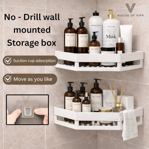 Image of No Drill Bathroom Corner Shelf Organizer | Wall Mounted Plastic Corner Rack for Bathroom & Kitchen | 2-Tier Shelves with 4 Hooks | Rustproof, Heavy Duty Storage | White (Set of 2)