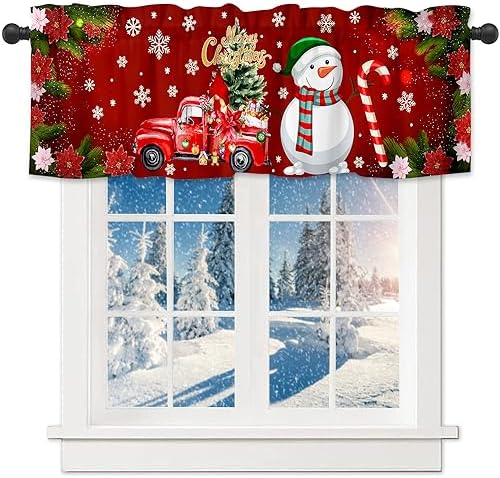 Nextchange Snowman Christmas Tree Window Valances Candy Stick Christmas Valance Kitchen Curtains with Rod Pocket Ornaments Window Treatments Short Curtain Panels Decor 54″ X 18″