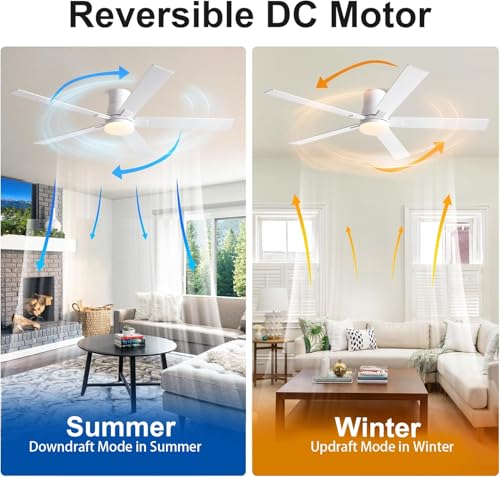 Image of Rayqueen 60 Inch Flush Mount White Ceiling Fans with Lights and Remote