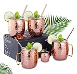 ARTISANS VILLAGE Moscow Mule Mugs | Set of 4 | Stainless Steel Lining | Pure Copper Plating | 100% Handcrafted Hammered Cups | Size 16 oz | With Premium Straws and Shot Glass