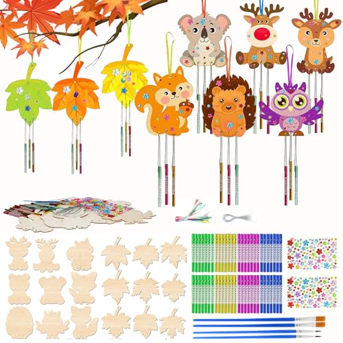 54 Stück Windspiel Bastelset Kinder Set, Set mit Holz Bastelset(Igel/Eule/Eichhörnchen/Ahornblättern), Aufkleber Pinsel, BemalenHandwerk für Junge Mädchen, Ideal für Heimdekoration & Kindergeburtstag